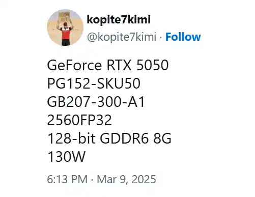 Intel对手？RTX 5050惊现128位8GB显存，性能如何？